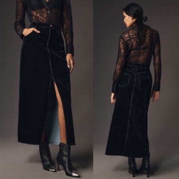 NWT Anthropologie Pilcro Black Velvet Flocked Denim Maxi Skirt High Slit size 2 - Picture 1 of 8